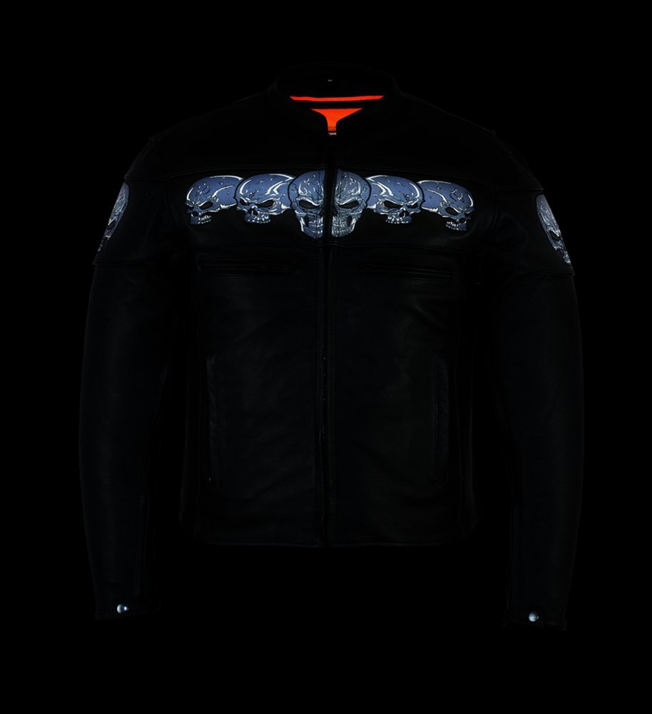 Leather Motorcycle Jacket - Men's - Biker - Up To 6XL - Reflective Skulls - DS700-DS - Image 14