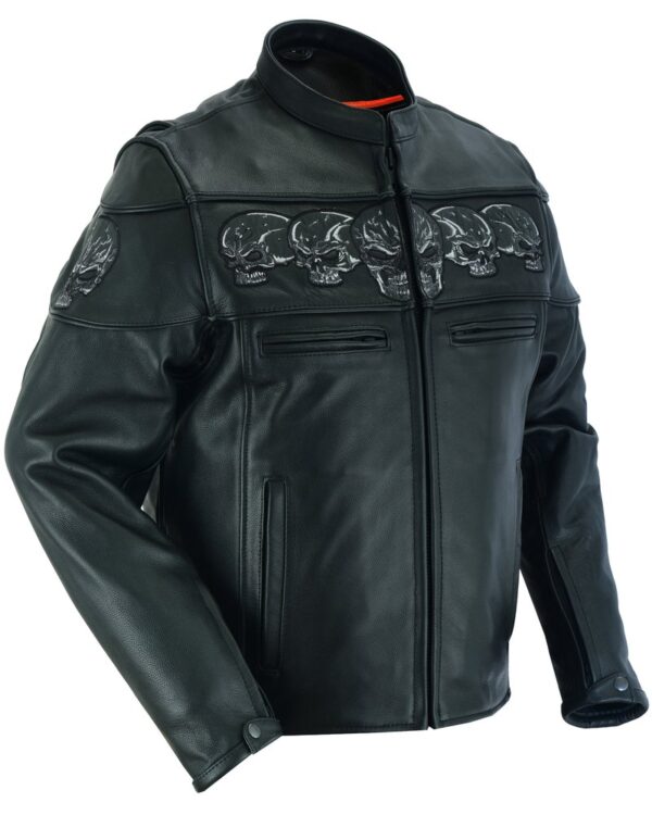 Leather Motorcycle Jacket - Men's - Biker - Up To 6XL - Reflective Skulls - DS700-DS