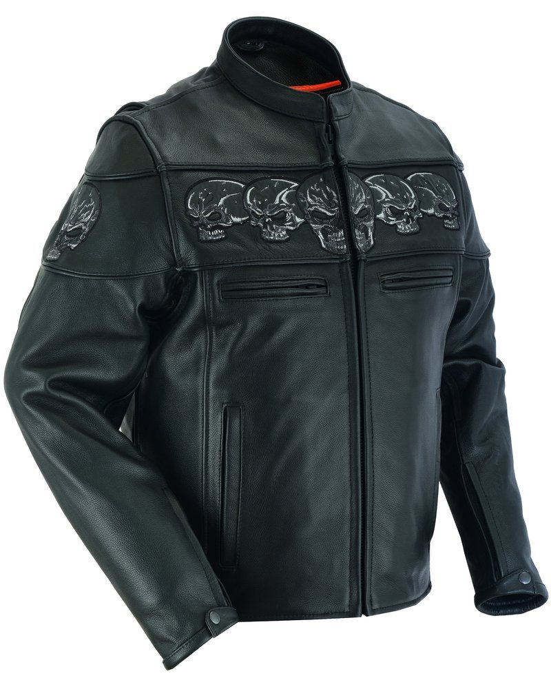 Leather Motorcycle Jacket - Men's - Biker - Up To 6XL - Reflective Skulls - DS700-DS