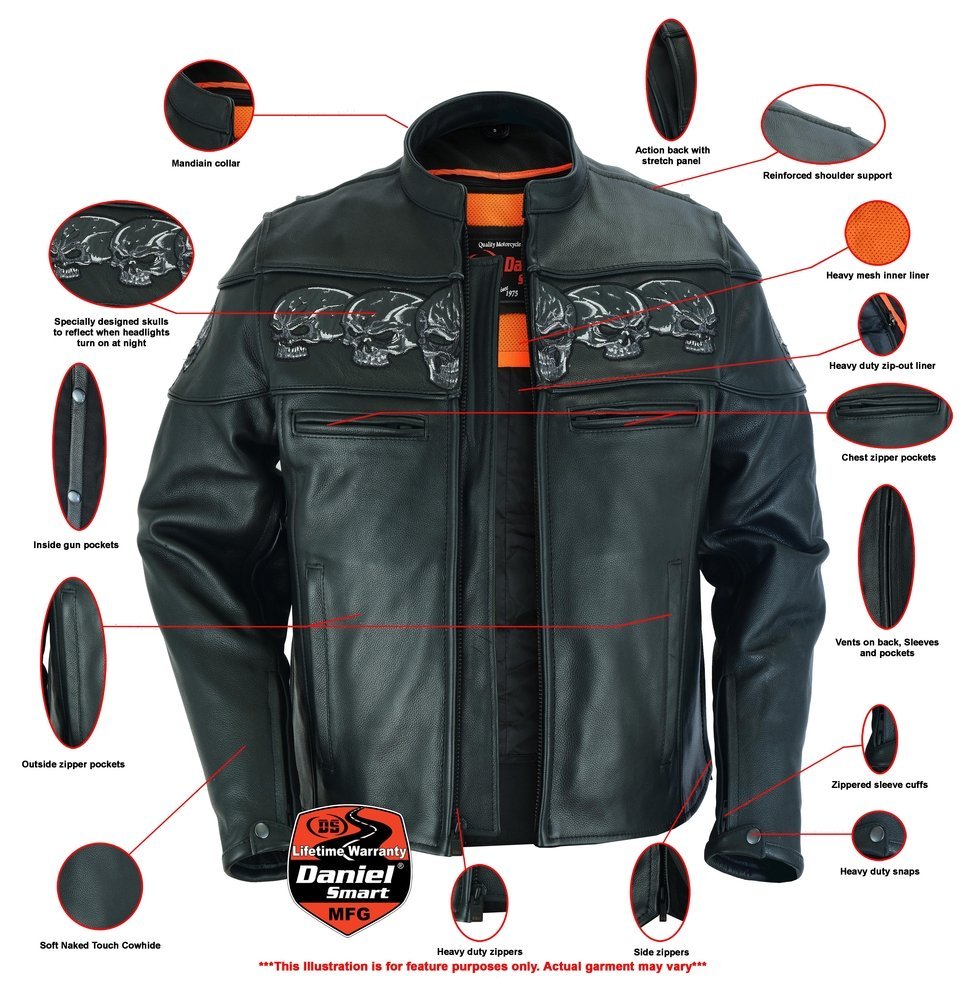 Leather Motorcycle Jacket - Men's - Biker - Up To 6XL - Reflective Skulls - DS700-DS - Image 2