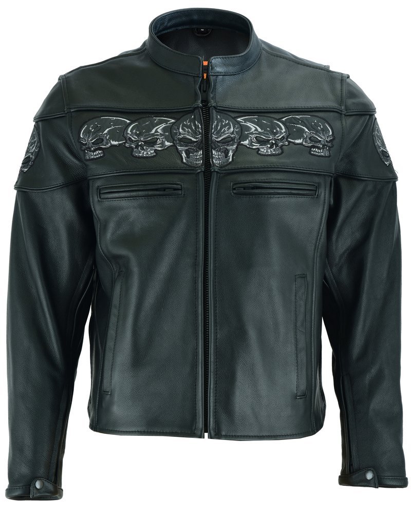 Leather Motorcycle Jacket - Men's - Biker - Up To 6XL - Reflective Skulls - DS700-DS - Image 10