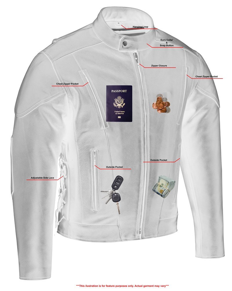 Leather Motorcycle Jacket - Men's - Side Laces - Ventilated - Gun Pockets - DS777-DS - Image 3