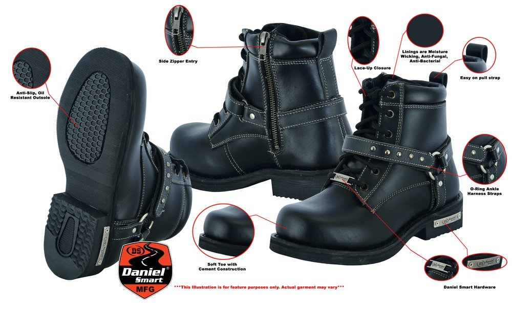 Leather Motorcycle Boots - Women's - Black - Side Zippers - DS9766-DS - Image 2