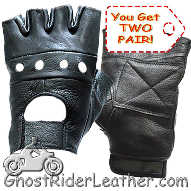 Leather Motorcycle Gloves - Two Pair - Fingerless - GL2008-2PAIR-DL