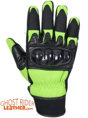 Leather Gloves - Men's - Full Finger - Knuckle Protector - Green - GLZ108-GREEN-DL