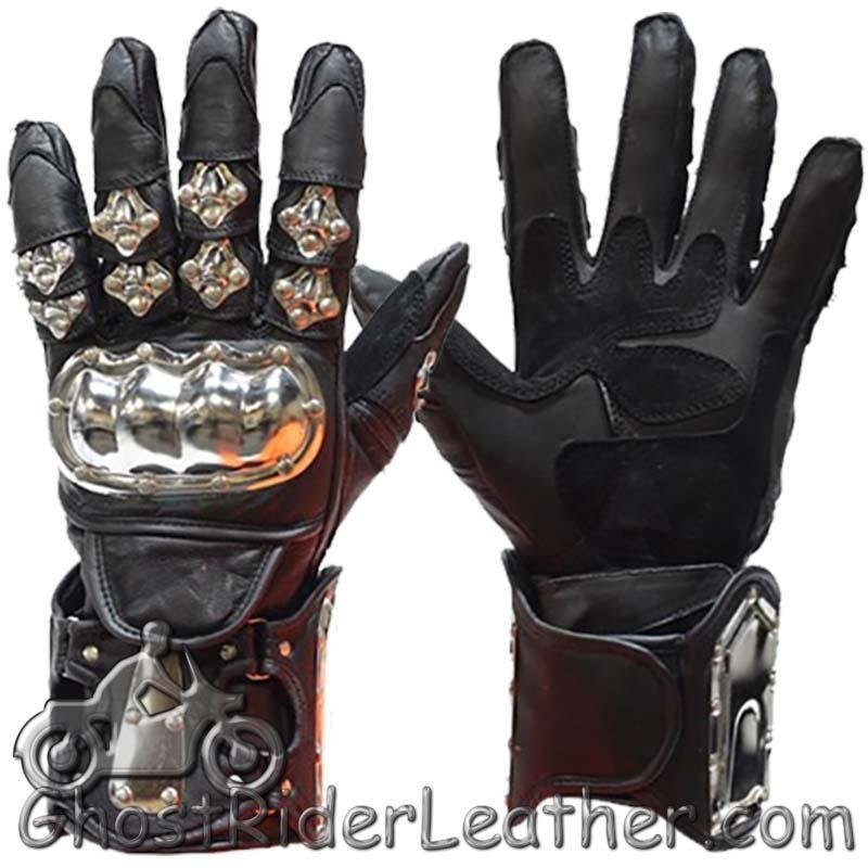 Leather Gloves - Men's - Racing Gauntlets - Metal Knuckle Protectors - GLZ8-DL - Image 2