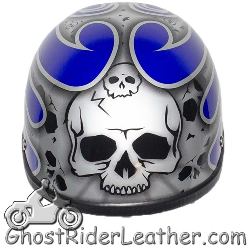 Novelty Motorcycle Helmet - Silver Skulls - Blue Flames - H401-D4-BLUE-1-DL - Image 8