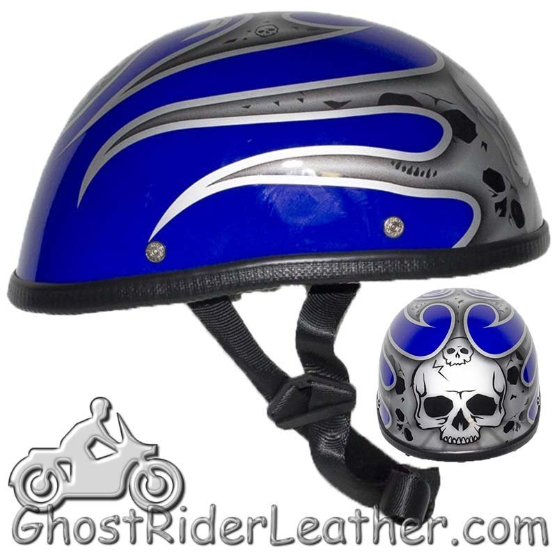 Novelty Motorcycle Helmet - Silver Skulls - Blue Flames - H401-D4-BLUE-1-DL - Image 9