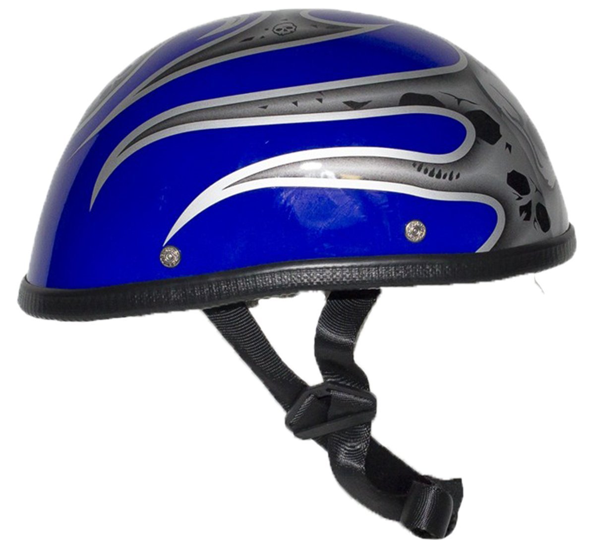 Novelty Motorcycle Helmet - Silver Skulls - Blue Flames - H401-D4-BLUE-1-DL - Image 5