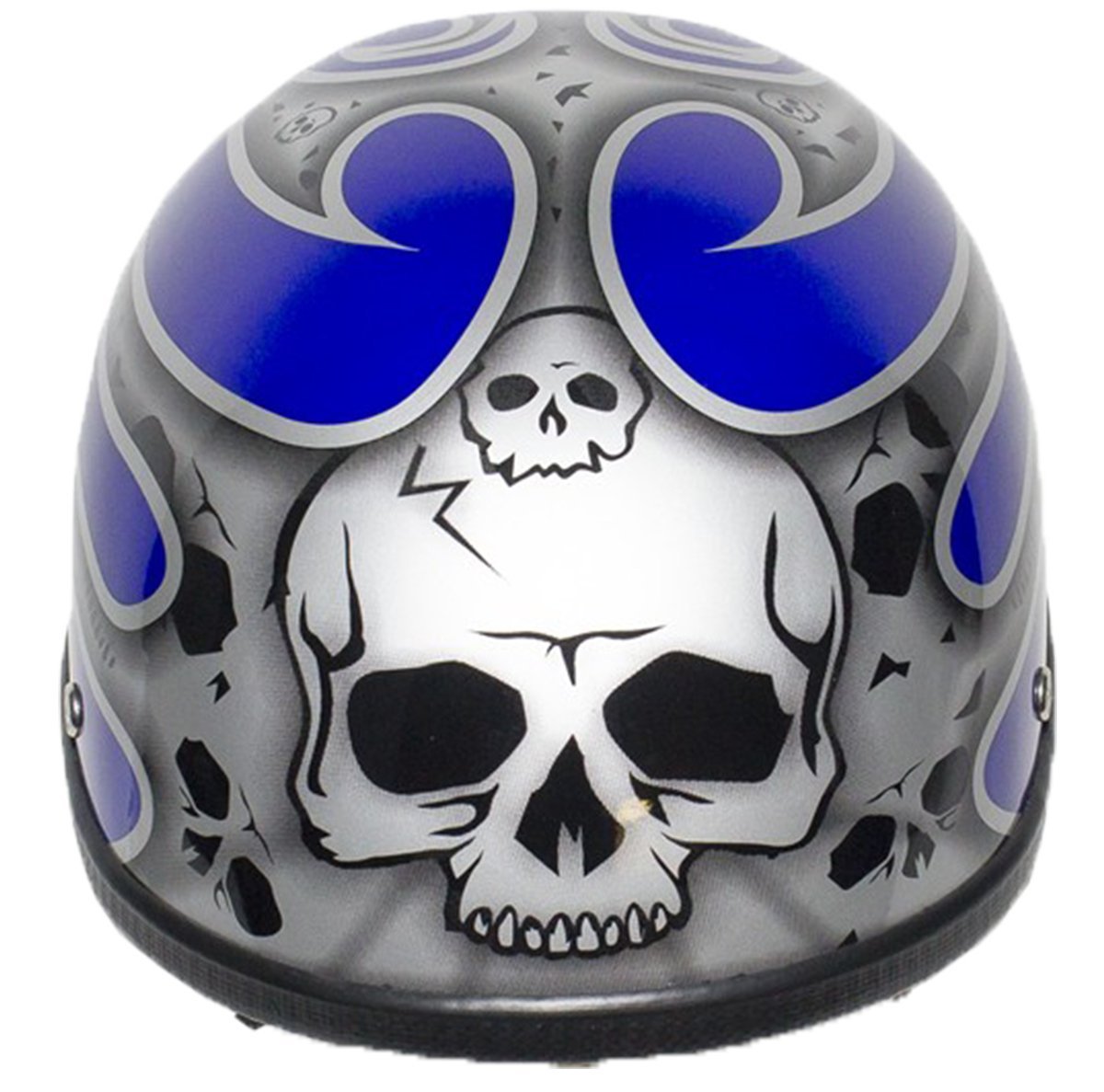 Novelty Motorcycle Helmet - Silver Skulls - Blue Flames - H401-D4-BLUE-1-DL
