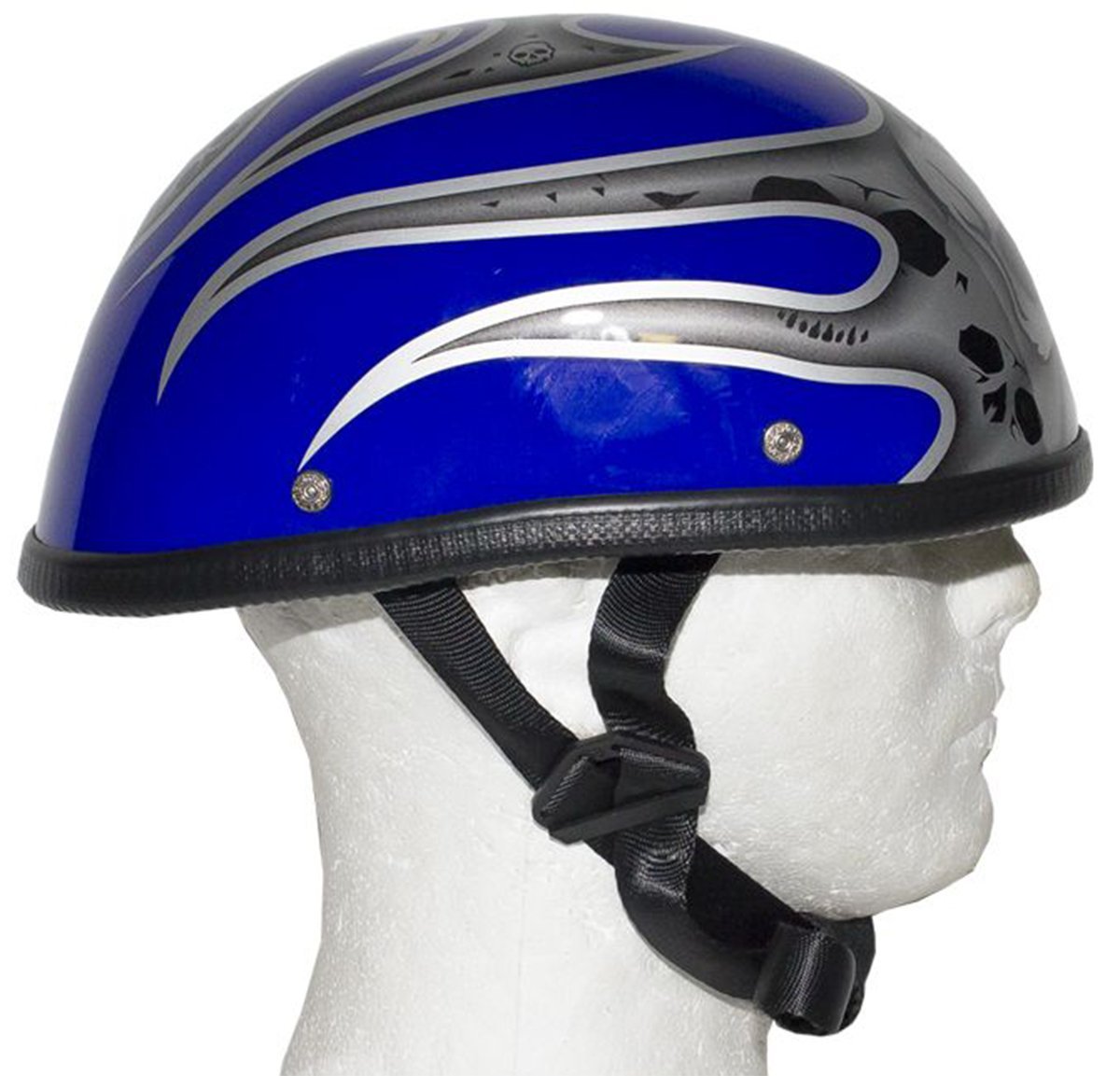 Novelty Motorcycle Helmet - Silver Skulls - Blue Flames - H401-D4-BLUE-1-DL - Image 6
