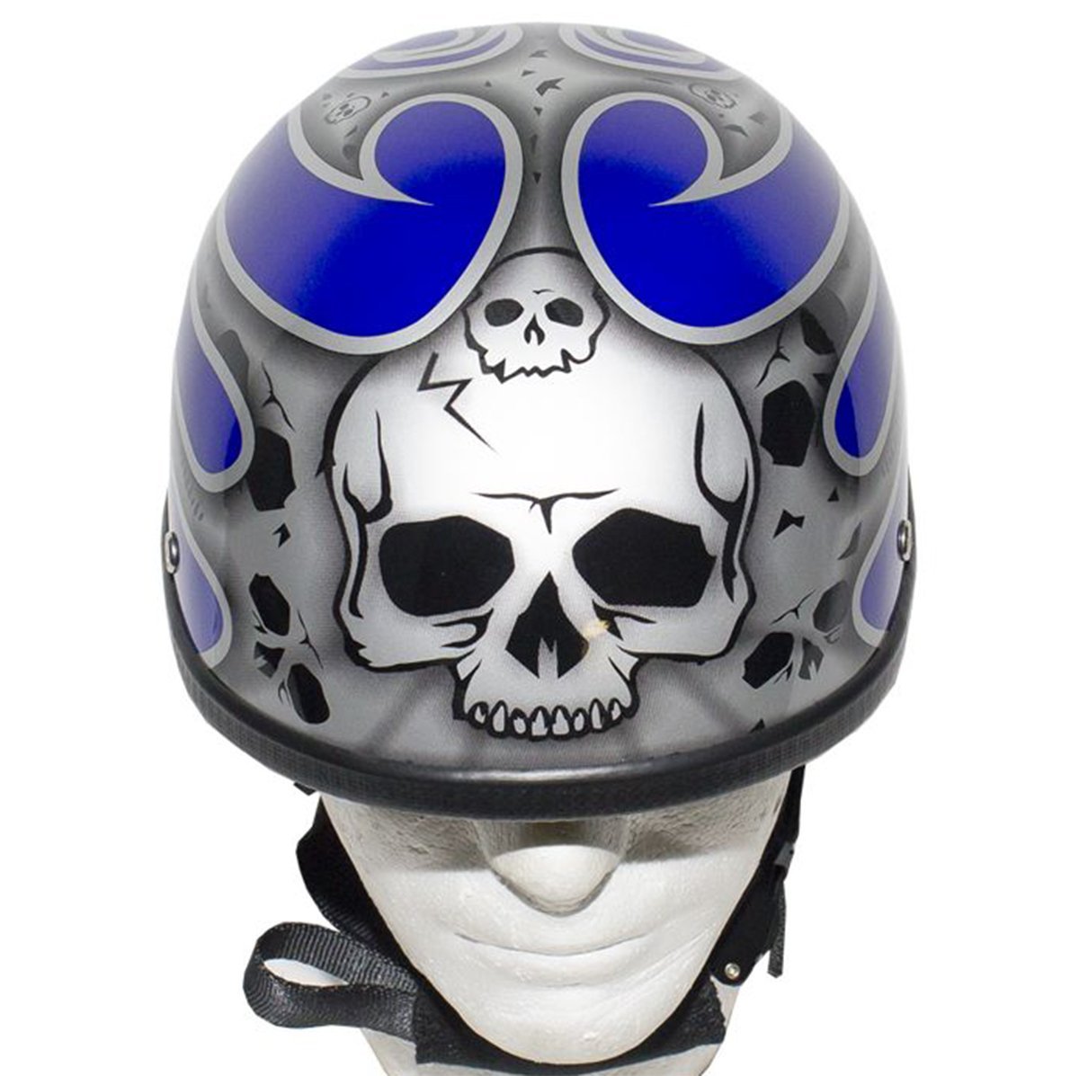 Novelty Motorcycle Helmet - Silver Skulls - Blue Flames - H401-D4-BLUE-1-DL - Image 7