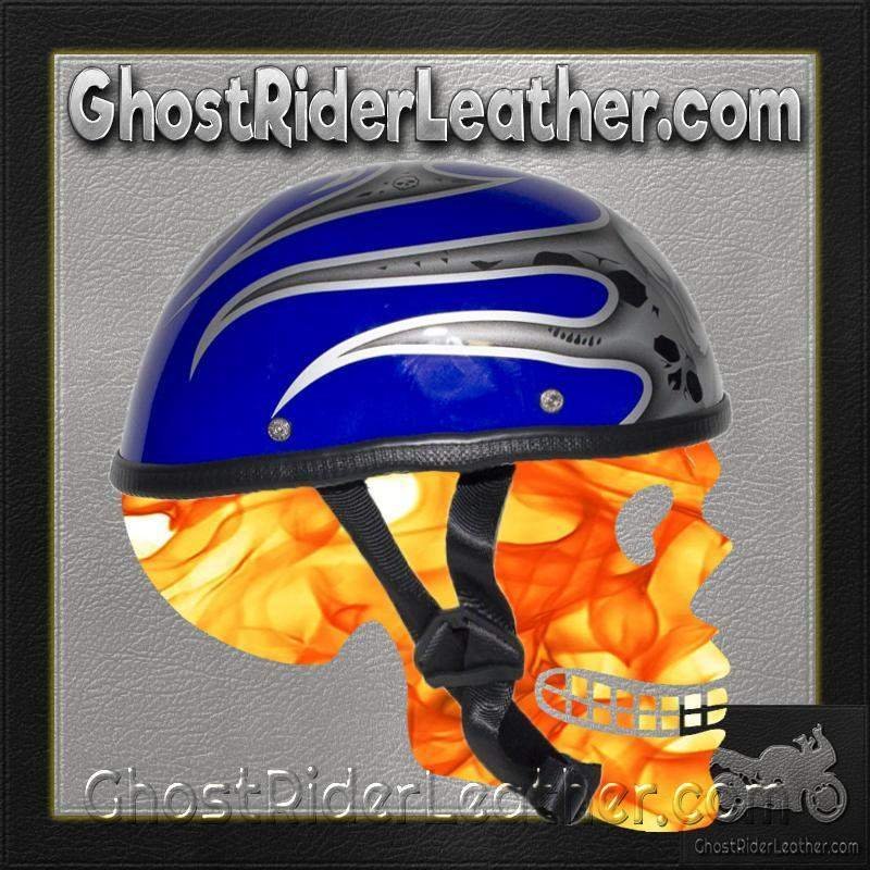 Novelty Motorcycle Helmet - Silver Skulls - Blue Flames - H401-D4-BLUE-1-DL - Image 10