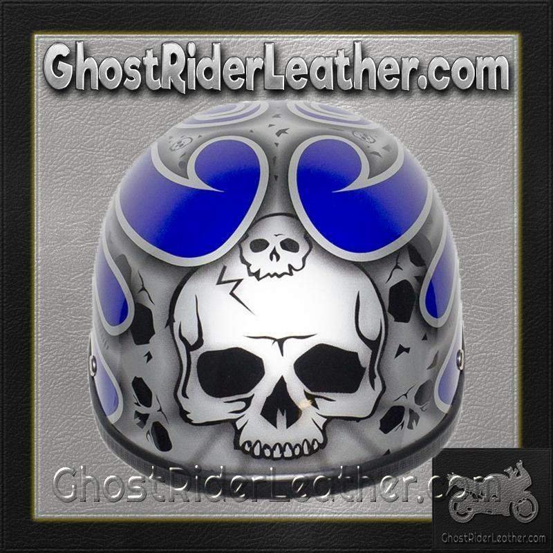 Novelty Motorcycle Helmet - Silver Skulls - Blue Flames - H401-D4-BLUE-1-DL - Image 11