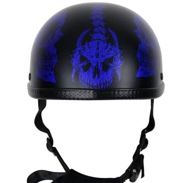Novelty Motorcycle Helmet - Matte Blue Horned Skeletons - H501-D5-BLUE-DL - Image 5