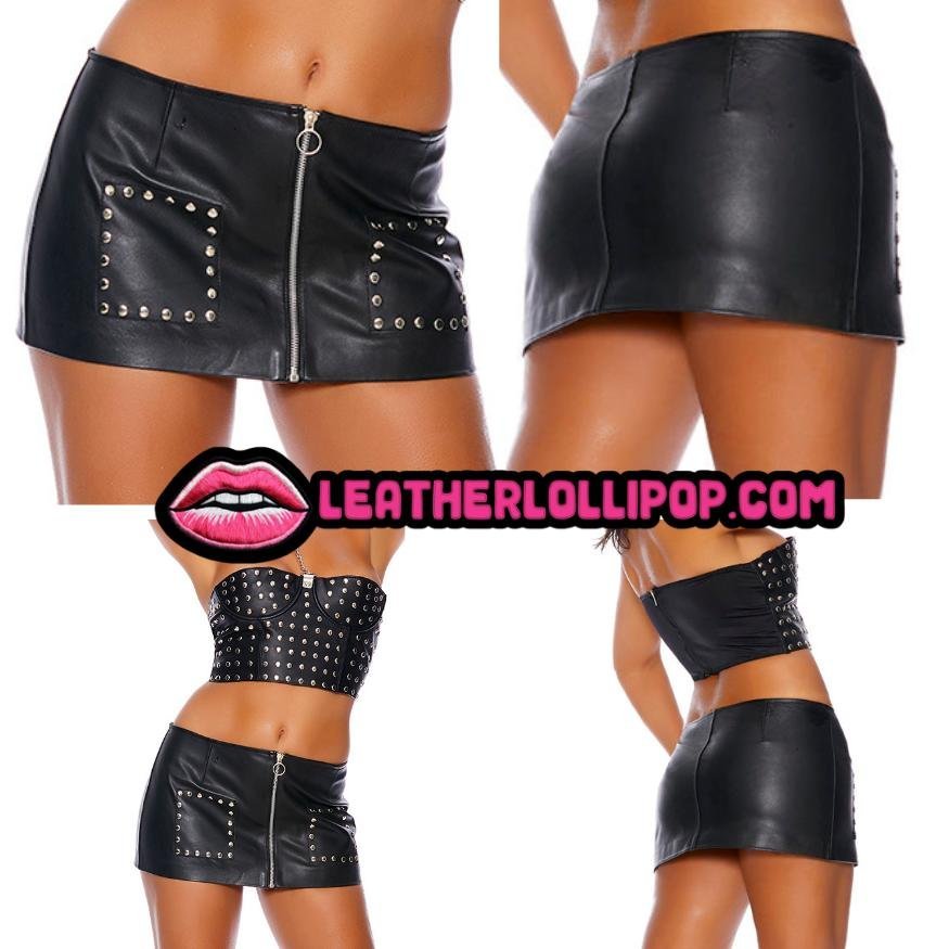 Leather Mini Skirt - Women's - Faux Pockets - Nailheads - L6158-EML - Image 2