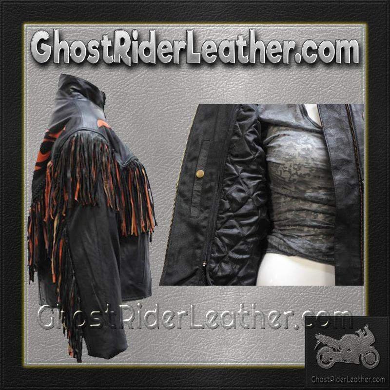 Women's Leather Motorcycle Jacket With Orange Flames and Fringe - SKU LJ259-DL - Image 7