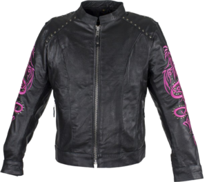 Ladies Racer Leather Jacket With Studs and Hot Pink Sleeve Design - SKU LJ7018-HOTPINK-11-DL