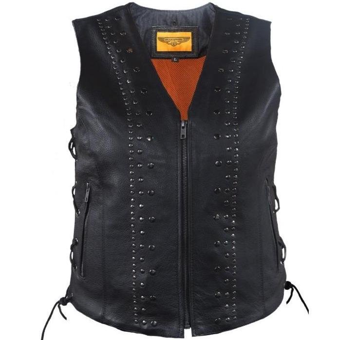 Women's Leather Motorcycle Vest with Satin Nickel Studs - SKU LV8510-DL - Image 2