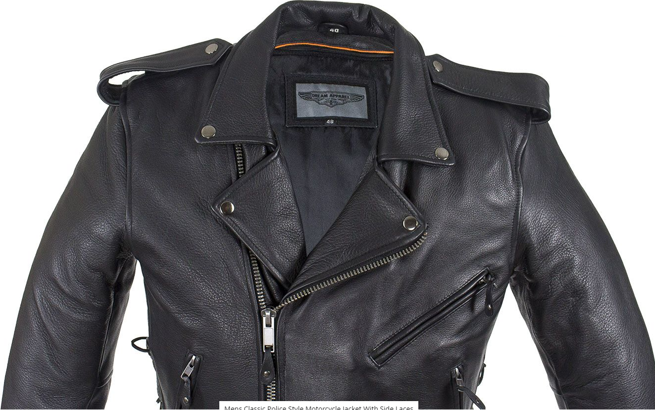 Leather Motorcycle Police Style Jacket with Side Laces and Vents - Up To Size 72 - SKU MJ201-SS-DL - Image 3