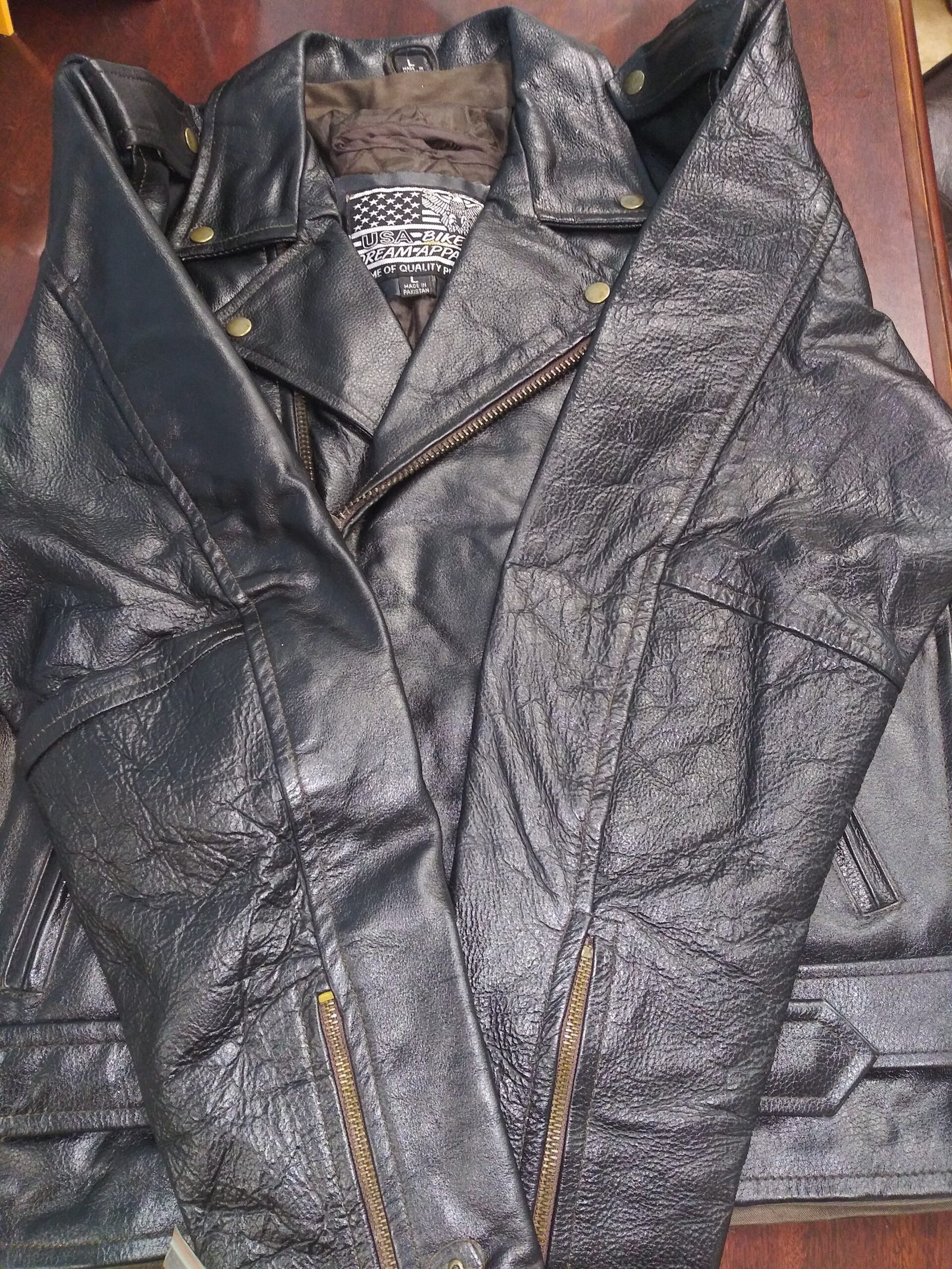 Embossed Retro Black Eagle Motorcycle Jacket with Side Laces and Live To Ride - SKU MJ703-01-NLR-DL - Image 3