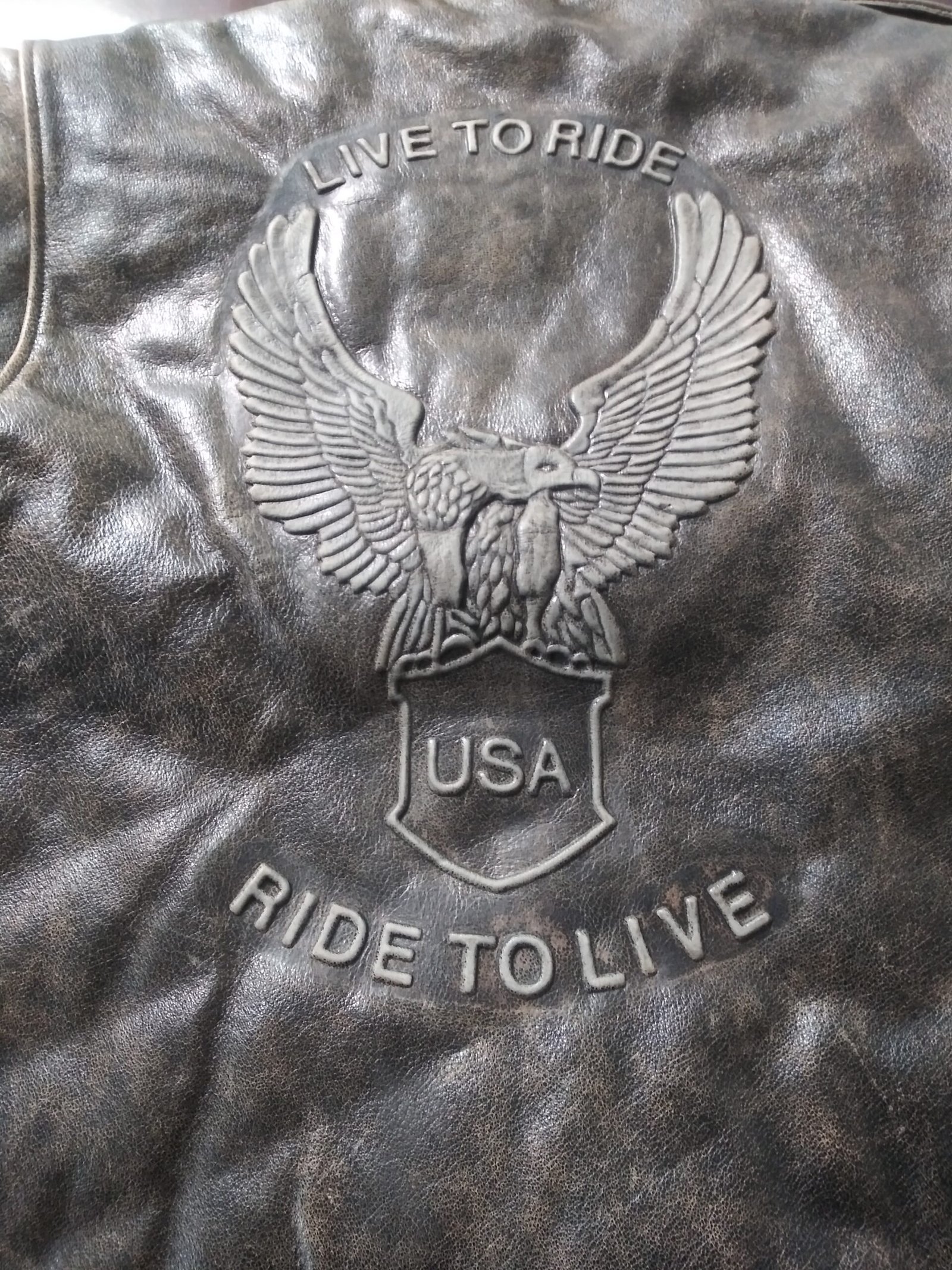 Embossed Eagle Distressed Brown Motorcycle Jacket with Side Laces and Live To Ride - MJ703-02-DL - Image 3