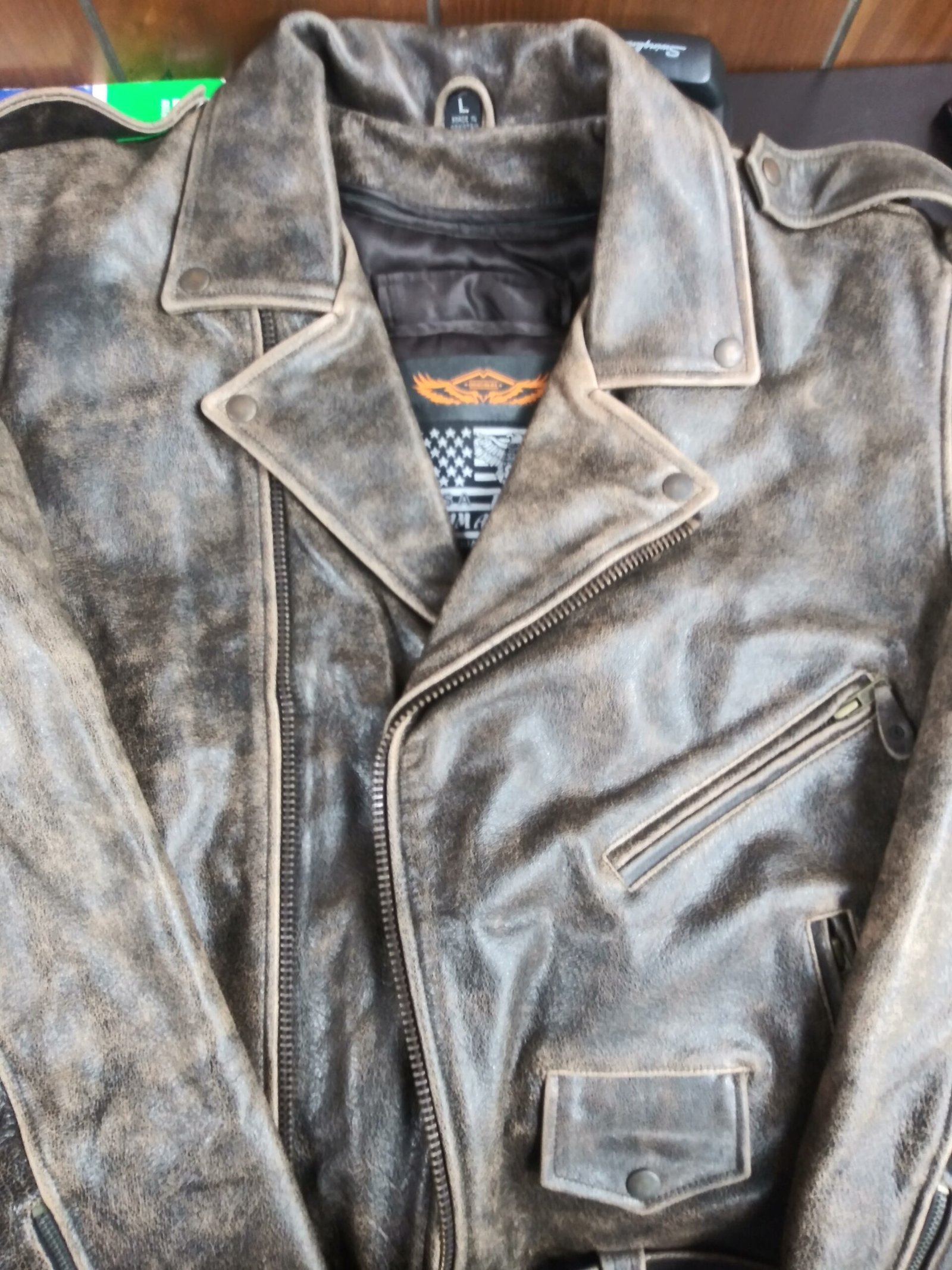 Embossed Eagle Distressed Brown Motorcycle Jacket with Side Laces and Live To Ride - MJ703-02-DL - Image 2