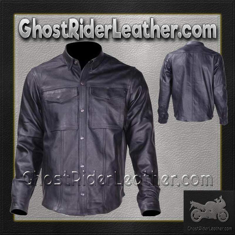 Leather Shirt - Men's - Snap Closure - Black - MJ777-SS-DL - Image 4