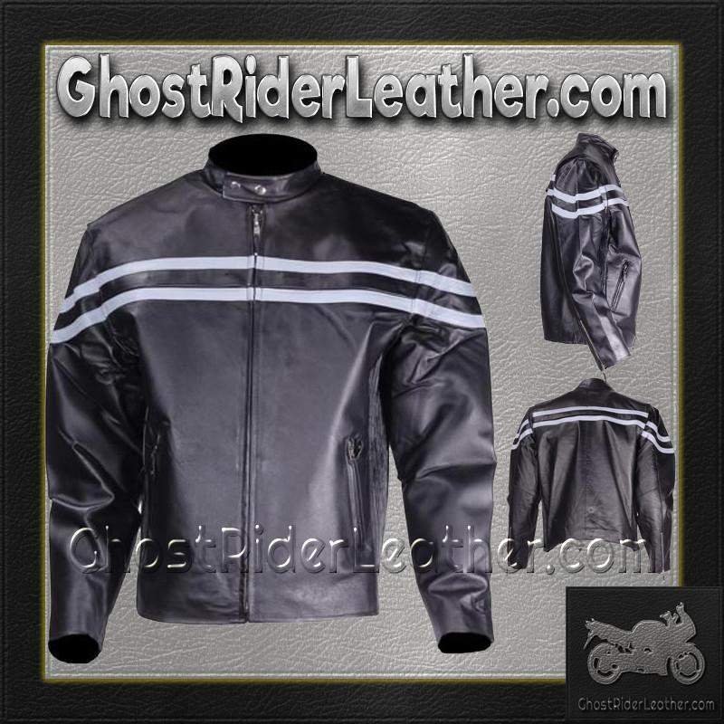 Mens Motorcycle Racer Jacket with Silver Stripe - MJ779-SIL-DL