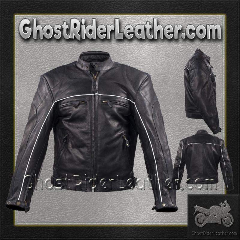 Leather Motorcycle Jacket - Men's - Black - Reflective Piping - MJ780-BLK-DL - Image 4
