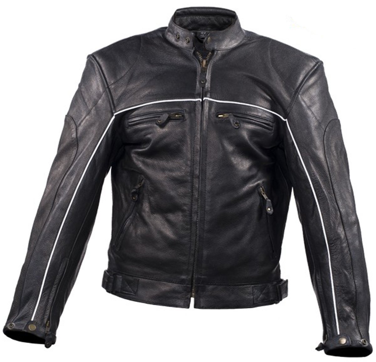 Leather Motorcycle Jacket - Men's - Black - Reflective Piping - MJ780-BLK-DL