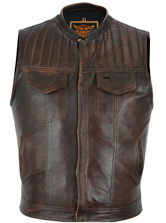 Leather Motorcycle Vest - Men's - Up To Size 60 - Distressed Brown - MR-MV320-PD-18-DL - Image 6