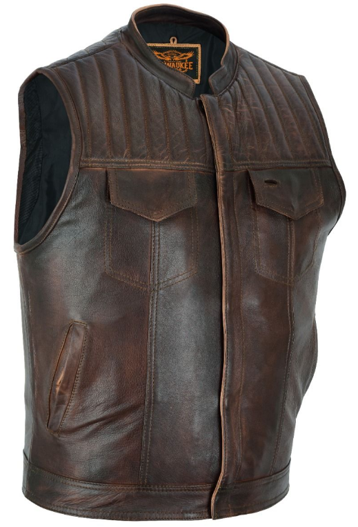 Leather Motorcycle Vest - Men's - Up To Size 60 - Distressed Brown - MR-MV320-PD-18-DL - Image 2