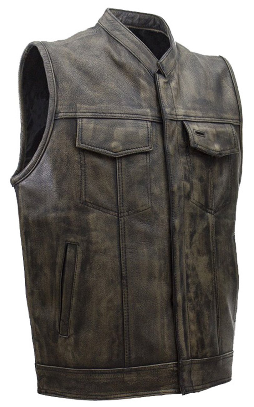 Leather Motorcycle Vest - Men's - Distressed Brown - Club - MV320-ZIP-12-DL - Image 2