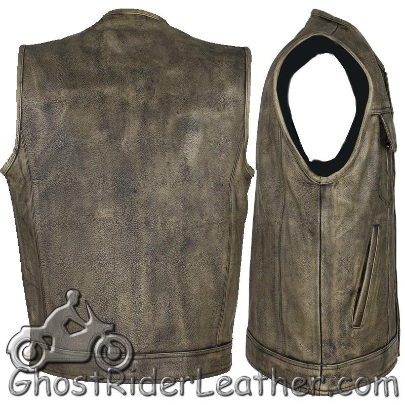 Leather Motorcycle Vest - Men's - Distressed Brown - SOA Club - MV8007-ZIP-12-DL - Image 3