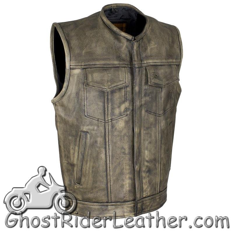 Leather Motorcycle Vest - Men's - Distressed Brown - SOA Club - MV8007-ZIP-12-DL