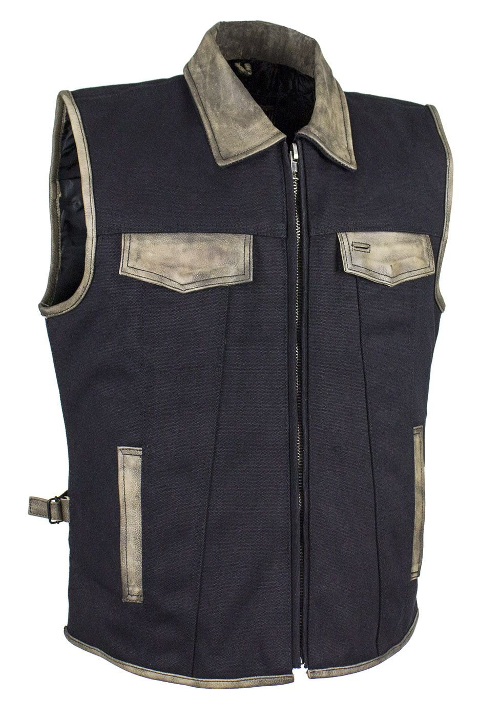 Canvas and Leather Motorcycle Vest - Men's - Distressed Brown - MV8010-CV12-DL - Image 7