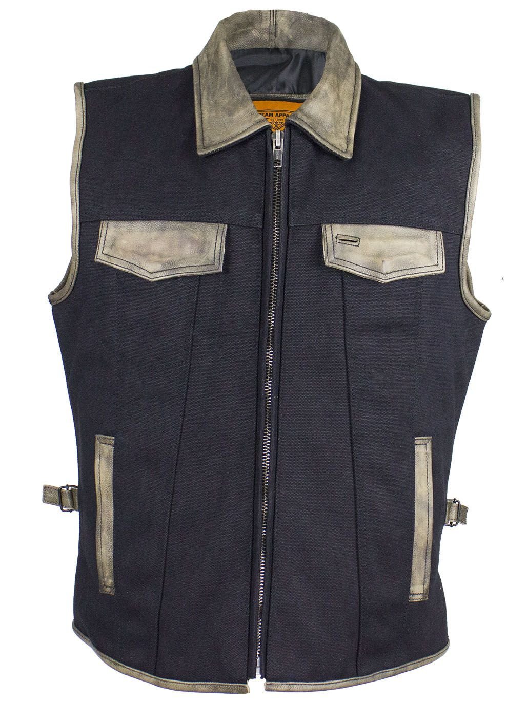 Canvas and Leather Motorcycle Vest - Men's - Distressed Brown - MV8010-CV12-DL - Image 2