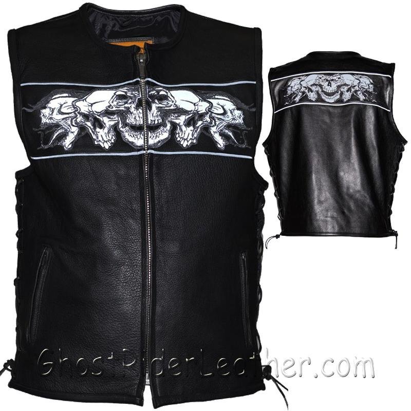 Mens Leather Vest with Night Reflective Skulls and Concealed Carry Pockets / SKU MV8025-DL - Image 2