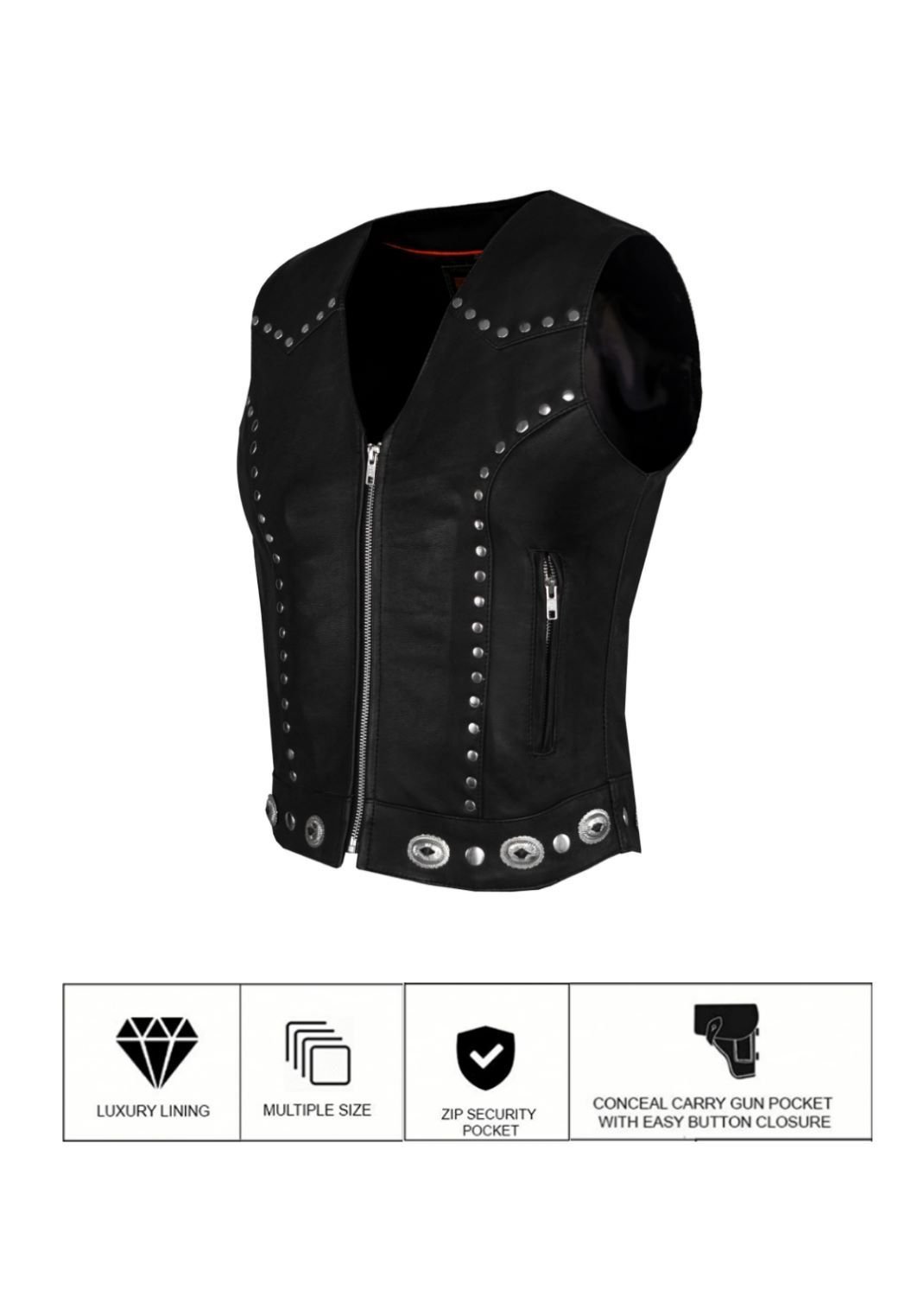 Leather Motorcycle Vest - Women's - Studs - Conchos - Zipper - N-LV8505-11-DL - Image 5