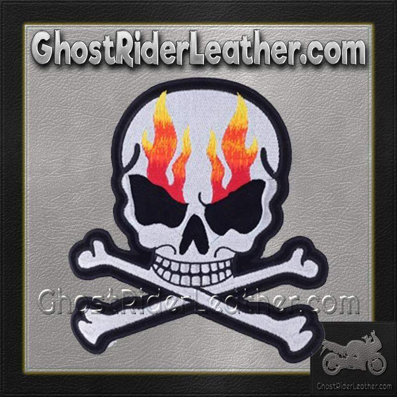 Silver Metallic Skull Crossbones with Flames Patch - Vest Patch - PAT-A15-DL - Image 2