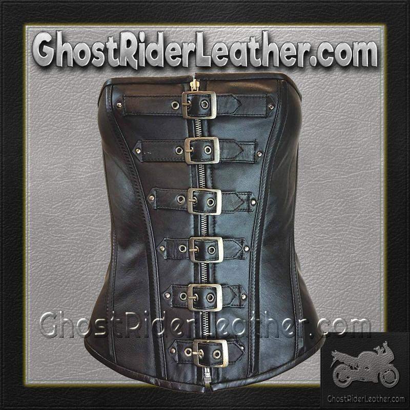 Leather Corset - 6 Buckle Zip Front - Back Laces - VC1317-VL - Image 3