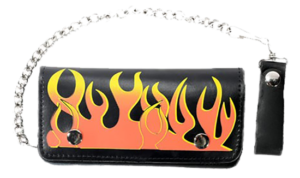 Black Leather Flame Wallet with Chain - SKU WALLET1-DL