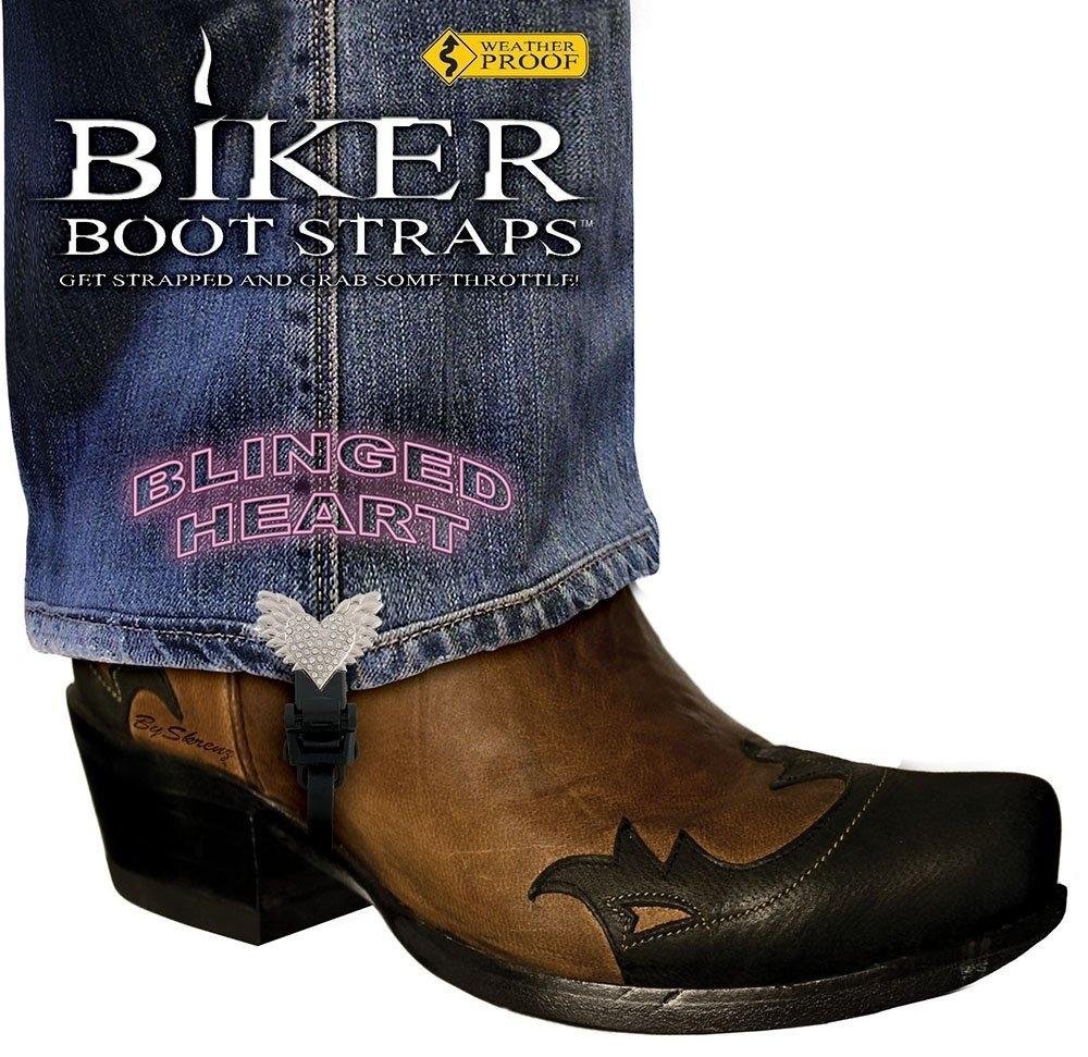Pair of Biker Boot Straps - 4 Inch - Blinged Heart - Motorcycle - BBS-BH4-DS