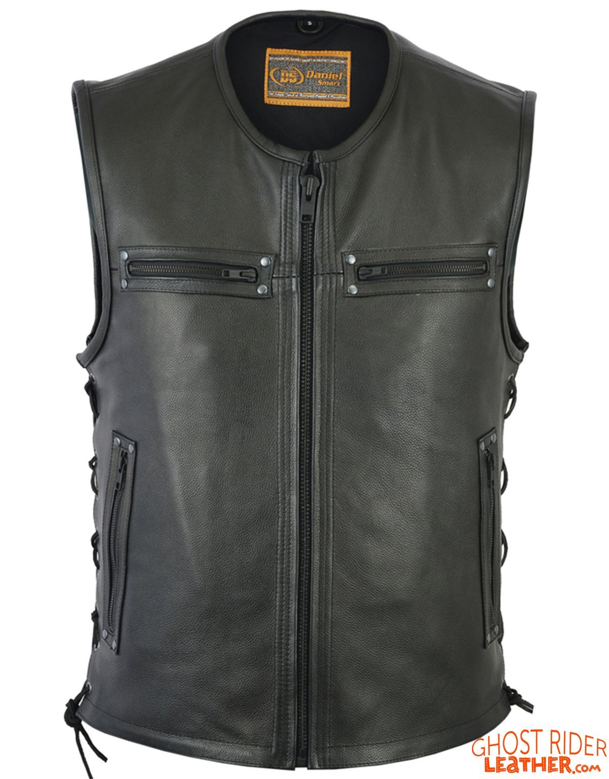 Leather Motorcycle Vest - Men's - Up To Size 6XL - Side Laces - 10 Pocket - Big and Tall - Faster Lane - RC146-RC - Image 2