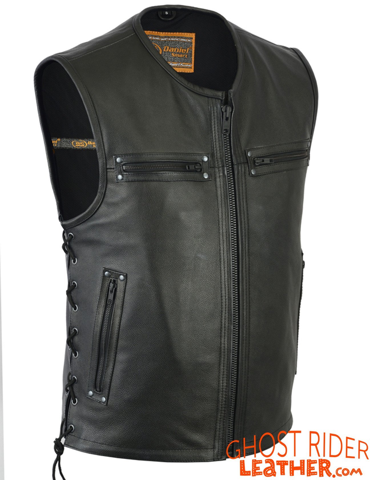 Leather Motorcycle Vest - Men's - Up To Size 6XL - Side Laces - 10 Pocket - Big and Tall - Faster Lane - RC146-RC - Image 4