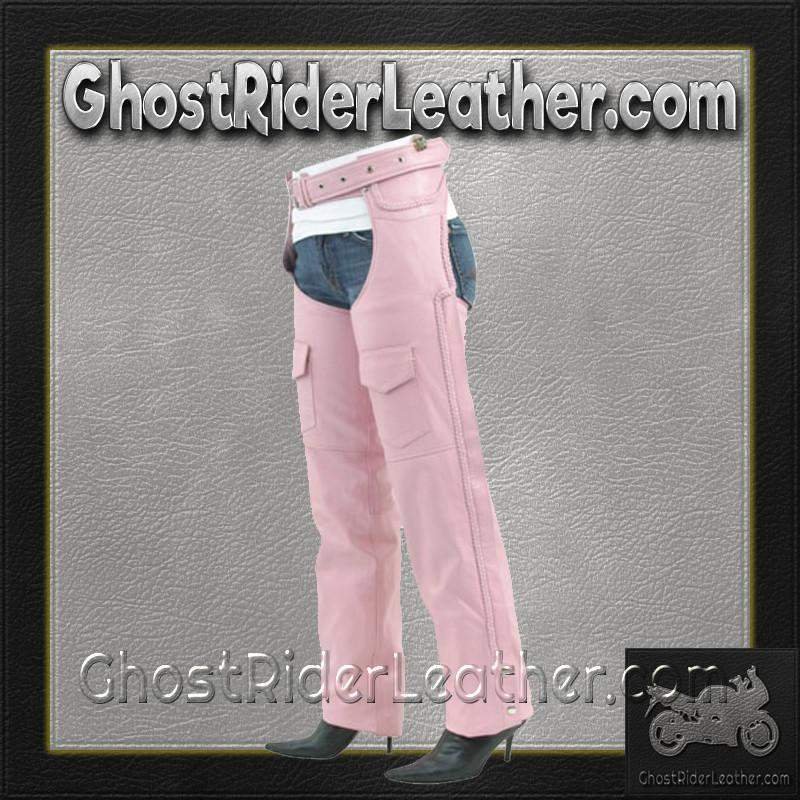 Ladies Pink Leather Motorcycle Chaps With Braid Design - SKU C326-PINK-DL Ladies Pink Leather Motorcycle Chaps With Braid Design - SKU C326-PINK-DL