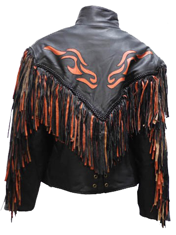 Women's Leather Motorcycle Jacket With Orange Flames and Fringe - SKU LJ259-DL