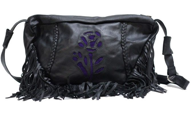 Black Leather Handbag - Purple Rose - Fringe - Large Purse - AC2003-LEATHER-DL