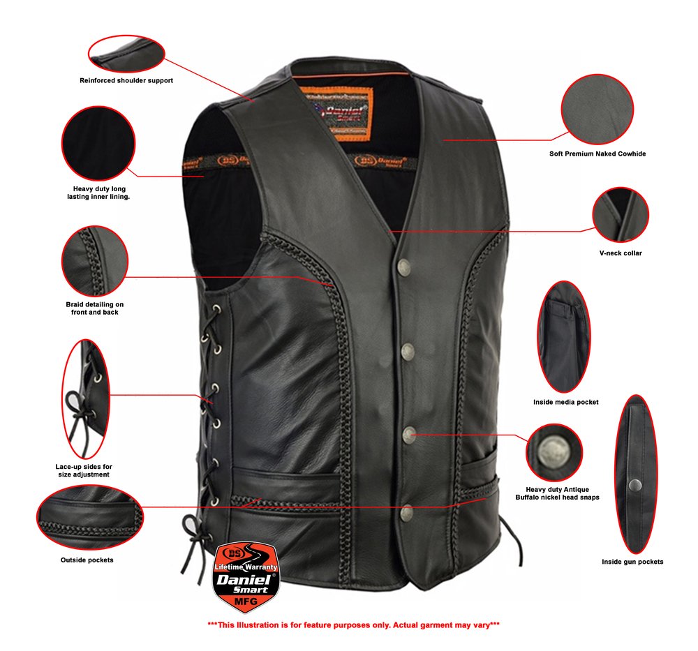 Leather Motorcycle Vest - Men's - Gun Pockets - Braided - Up To 6XL - DS131-DS